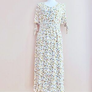 Reborn J White Pink & Yellow Floral Print Pleated Dress.